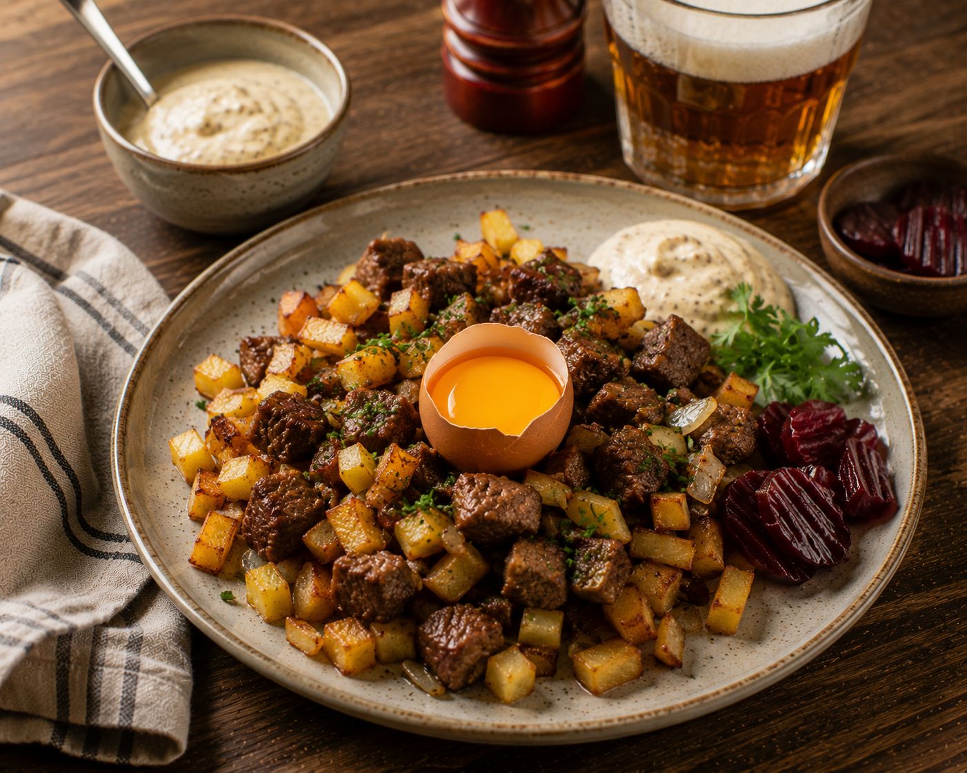 Biff Rydberg med oxfilé, stekt potatis, lök och rå äggula
