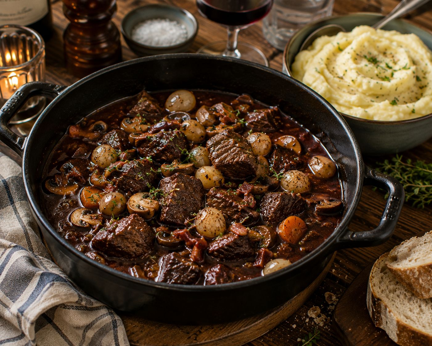 Boeuf bourguignon i gryta med smålök, svamp och mörk vinsky