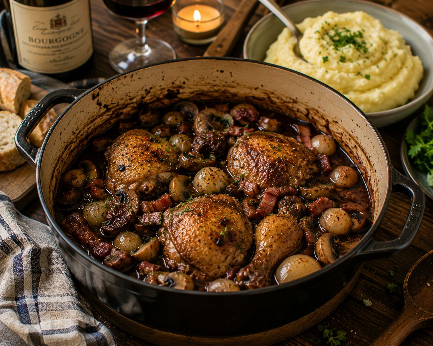 Coq au vin – kycklinglår i rödvinssås med bacon, lök och svamp