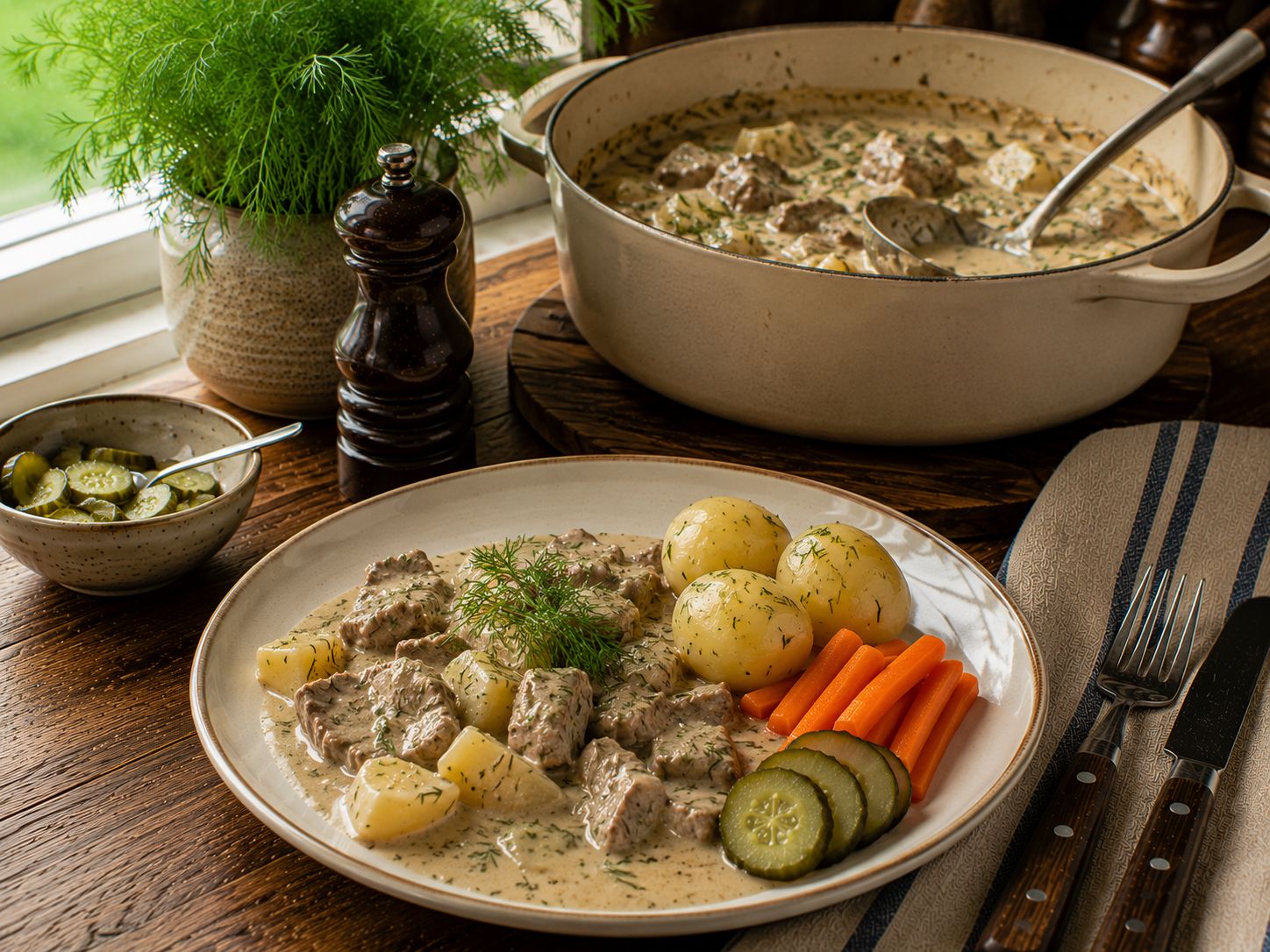 Dillkött i krämig dillsås serverat med kokt potatis