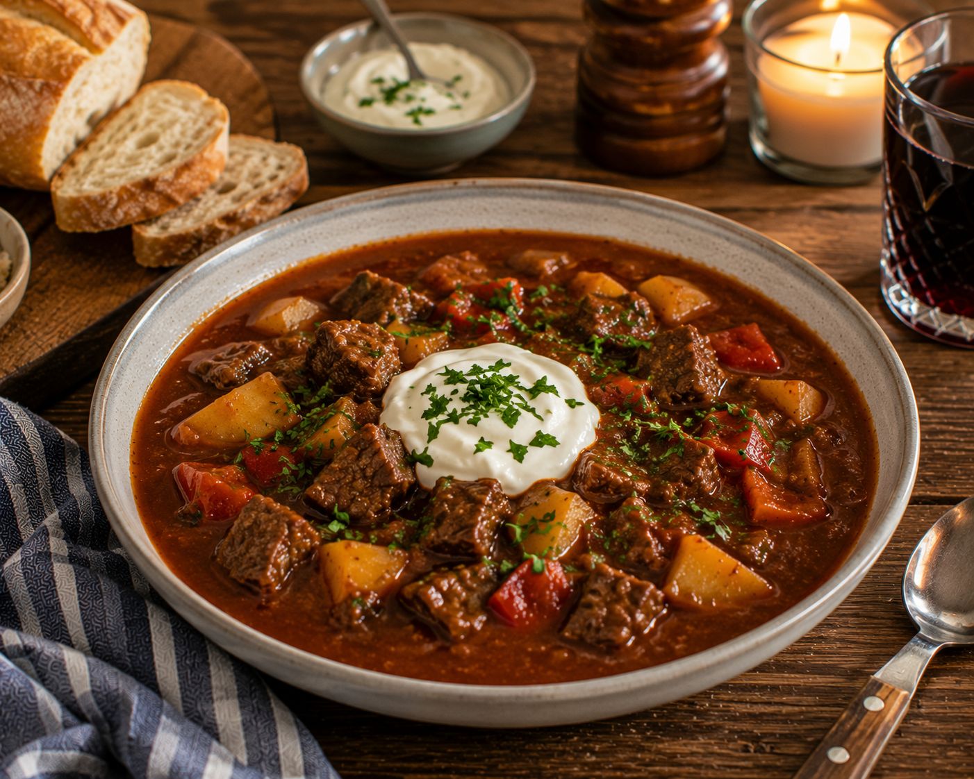 Mustig ungersk gulasch med kött, paprika och potatis