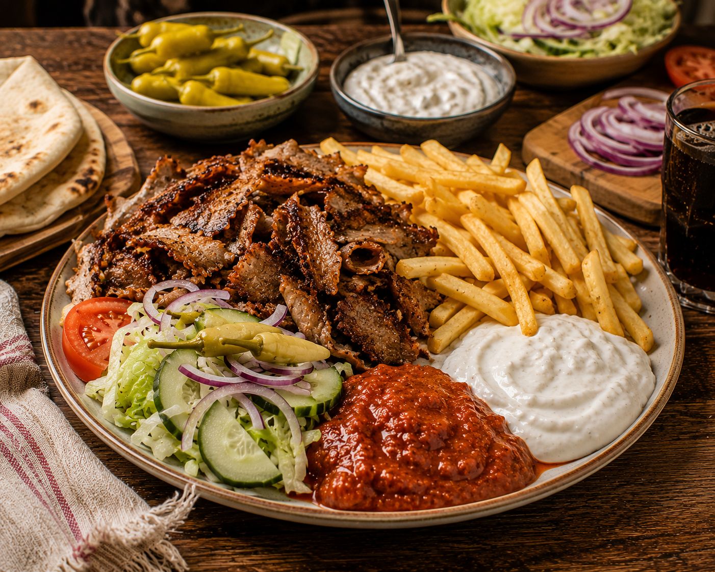 Hemmagjord kebabtallrik med pommes, sallad och två såser