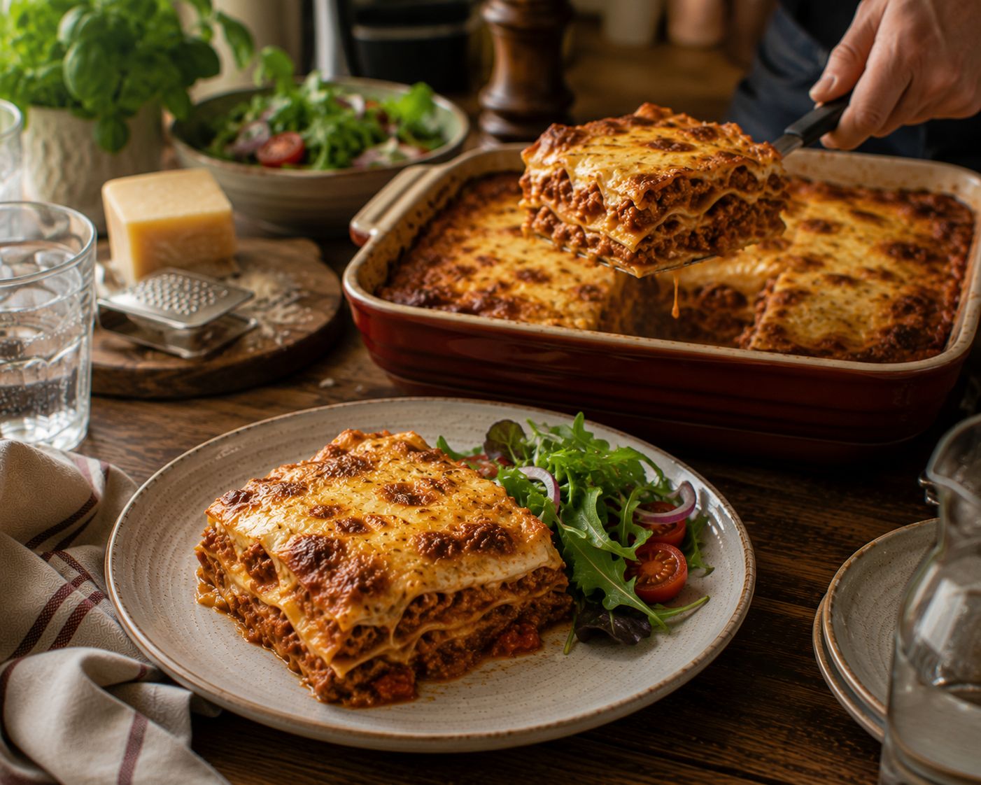 Hemlagad lasagne med gyllene ostgratinerad yta