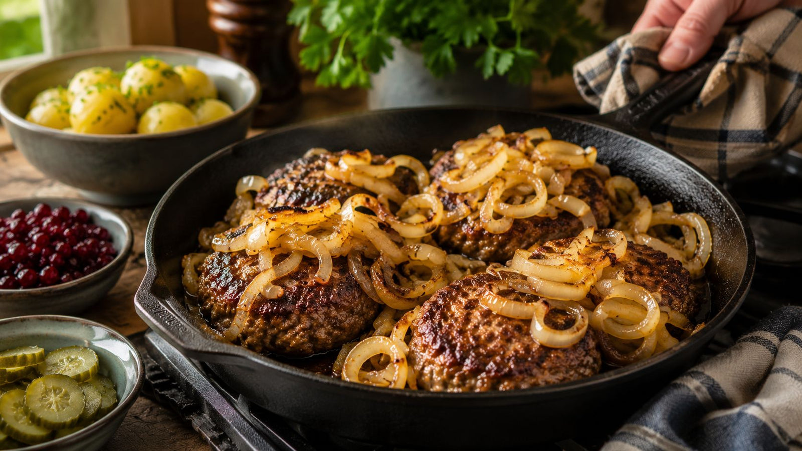 Pannbiff med smörstekt lök i stekpanna med potatis bredvid