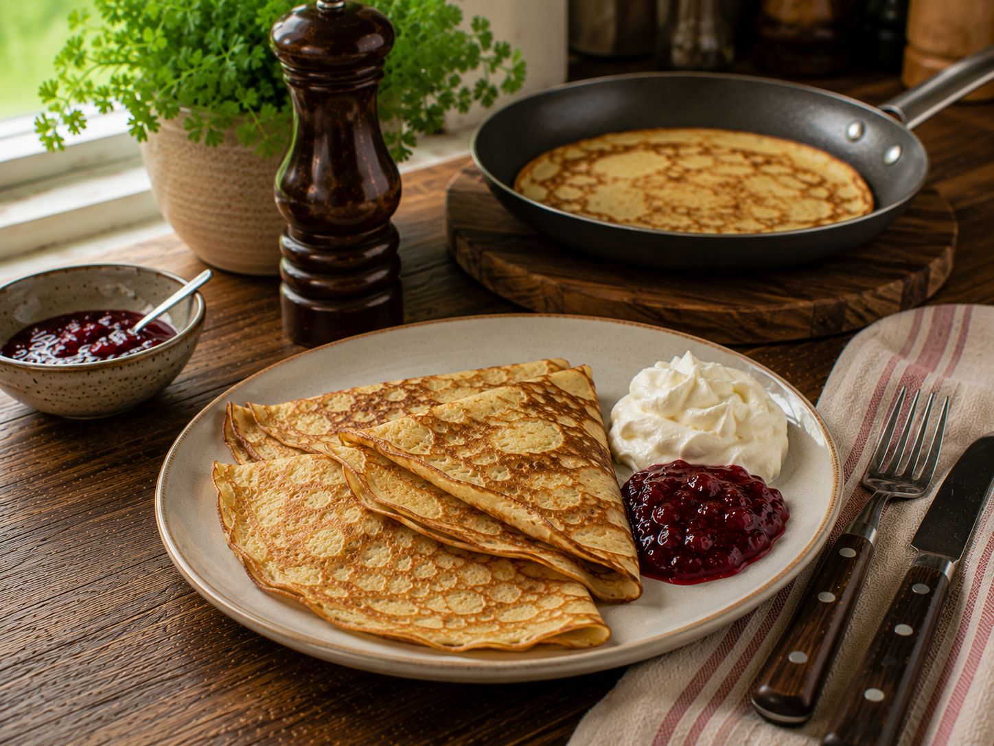 Trave tunna svenska pannkakor med sylt och grädde