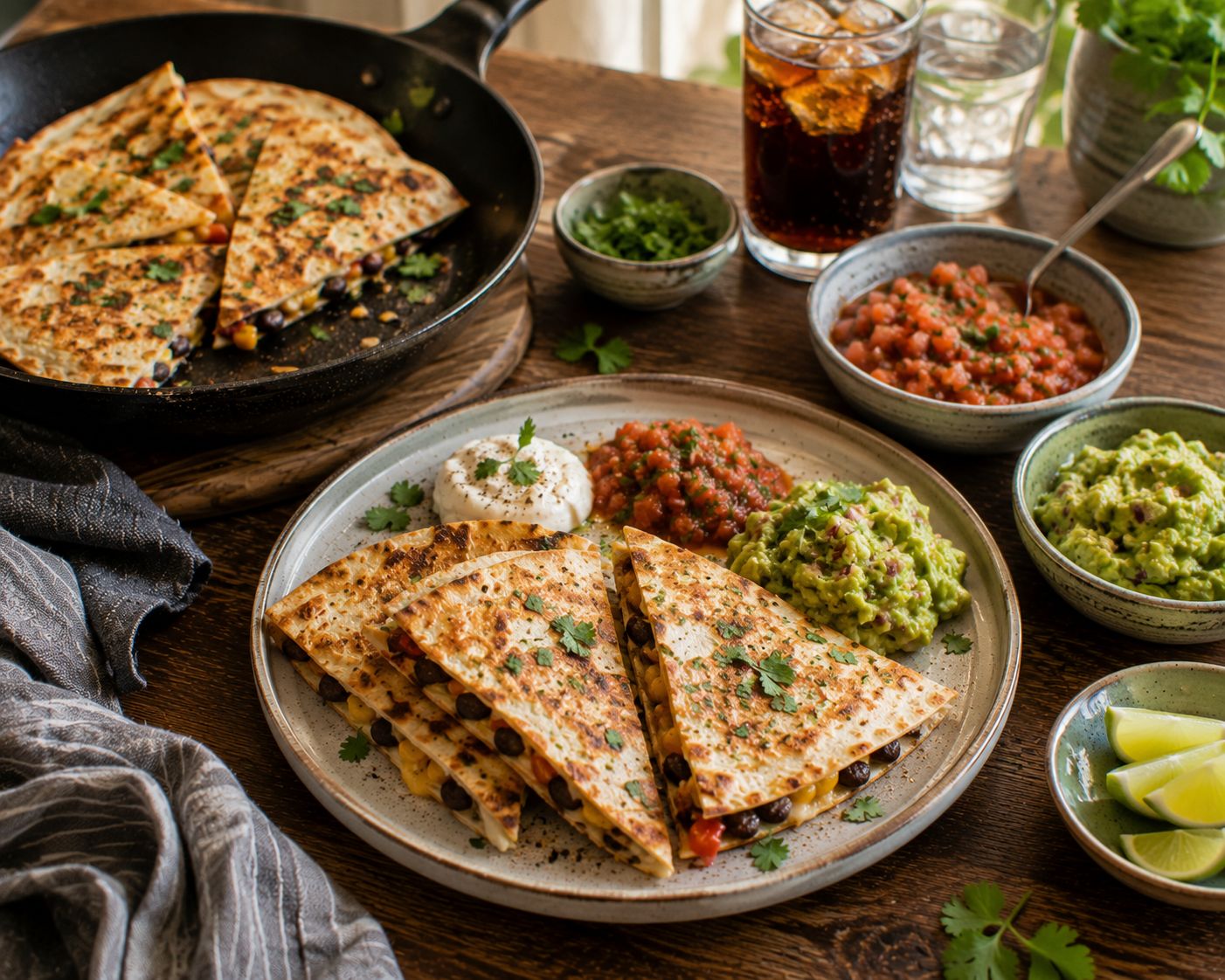 Frasiga quesadillas med smält ost, salsa och guacamole