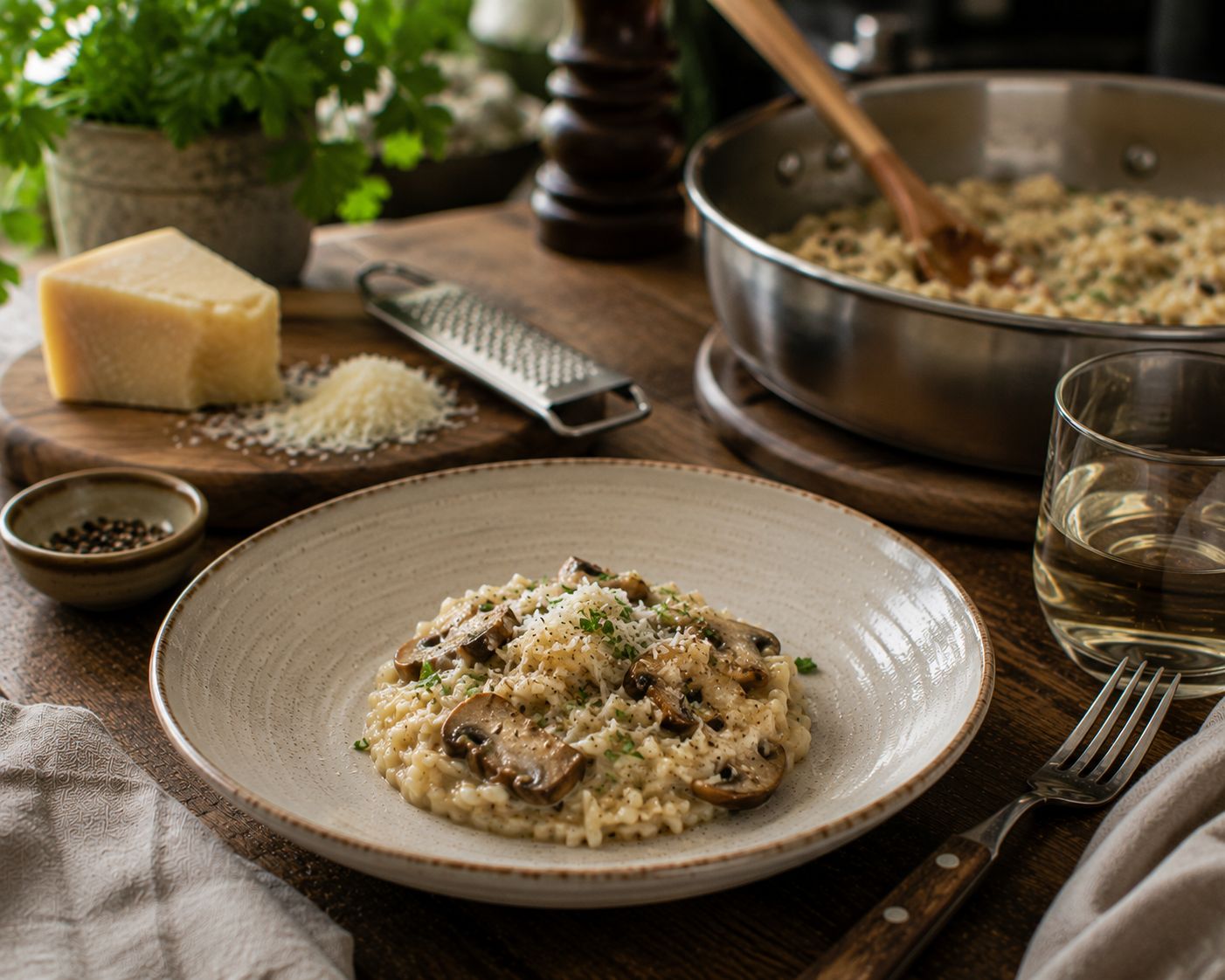 Krämig risotto med parmesan i traktörpanna