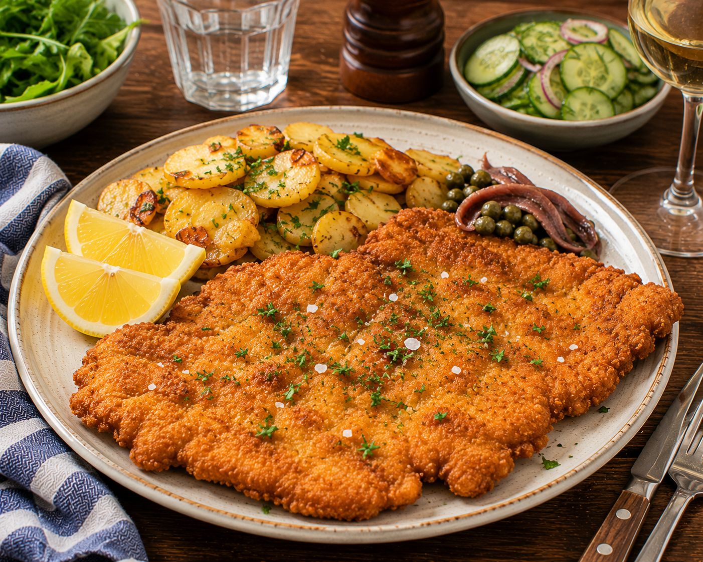 Frasig panerad schnitzel med citron och kapris