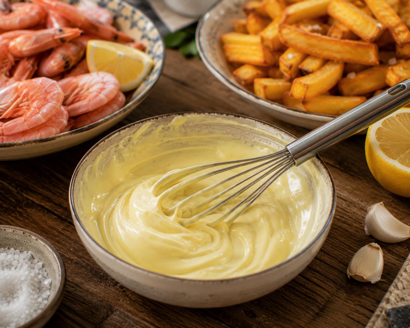 Hemgjord tjock aioli i skål med visp