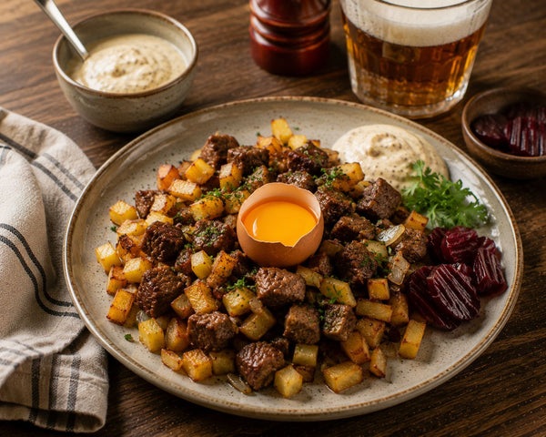 Biff Rydberg med oxfilé, stekt potatis, lök och rå äggula