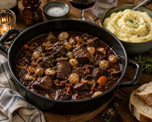 Boeuf bourguignon i gryta med smålök, svamp och mörk vinsky