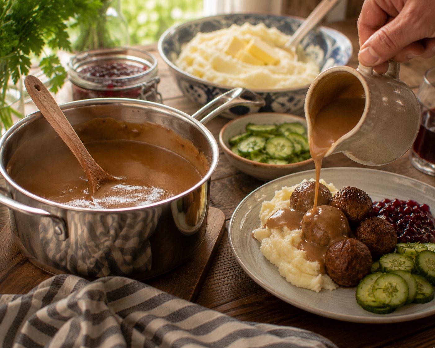 Klassisk brunsås hälls över köttbullar och mos