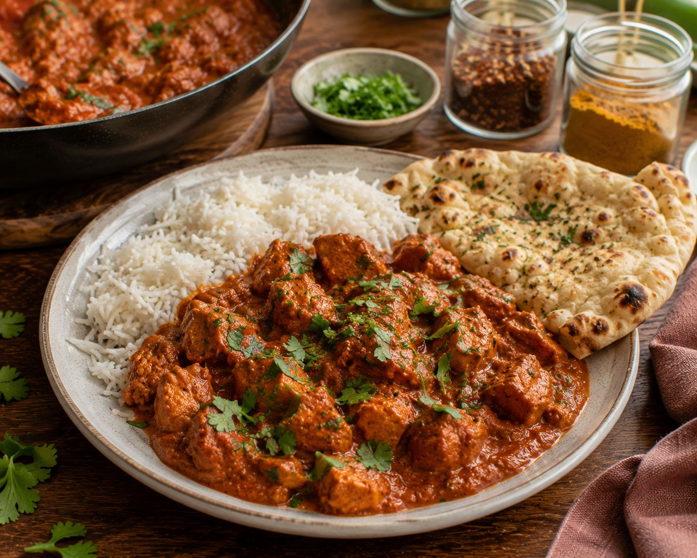 Chicken tikka masala med ris, naan och färsk koriander