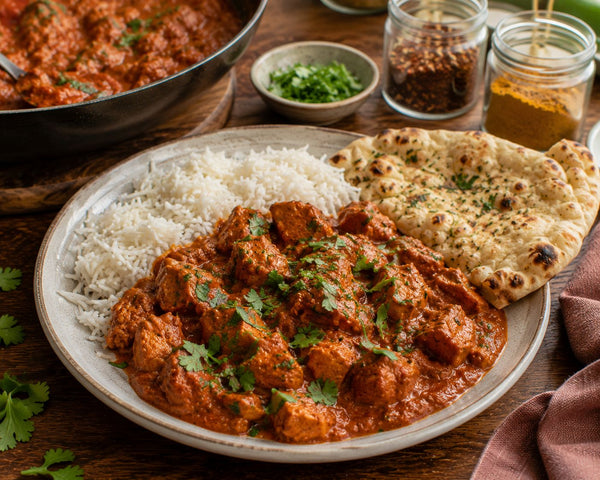 Chicken tikka masala med ris, naan och färsk koriander