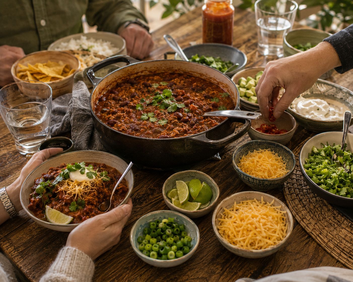 Mustig chili con carne med bönor och toppings