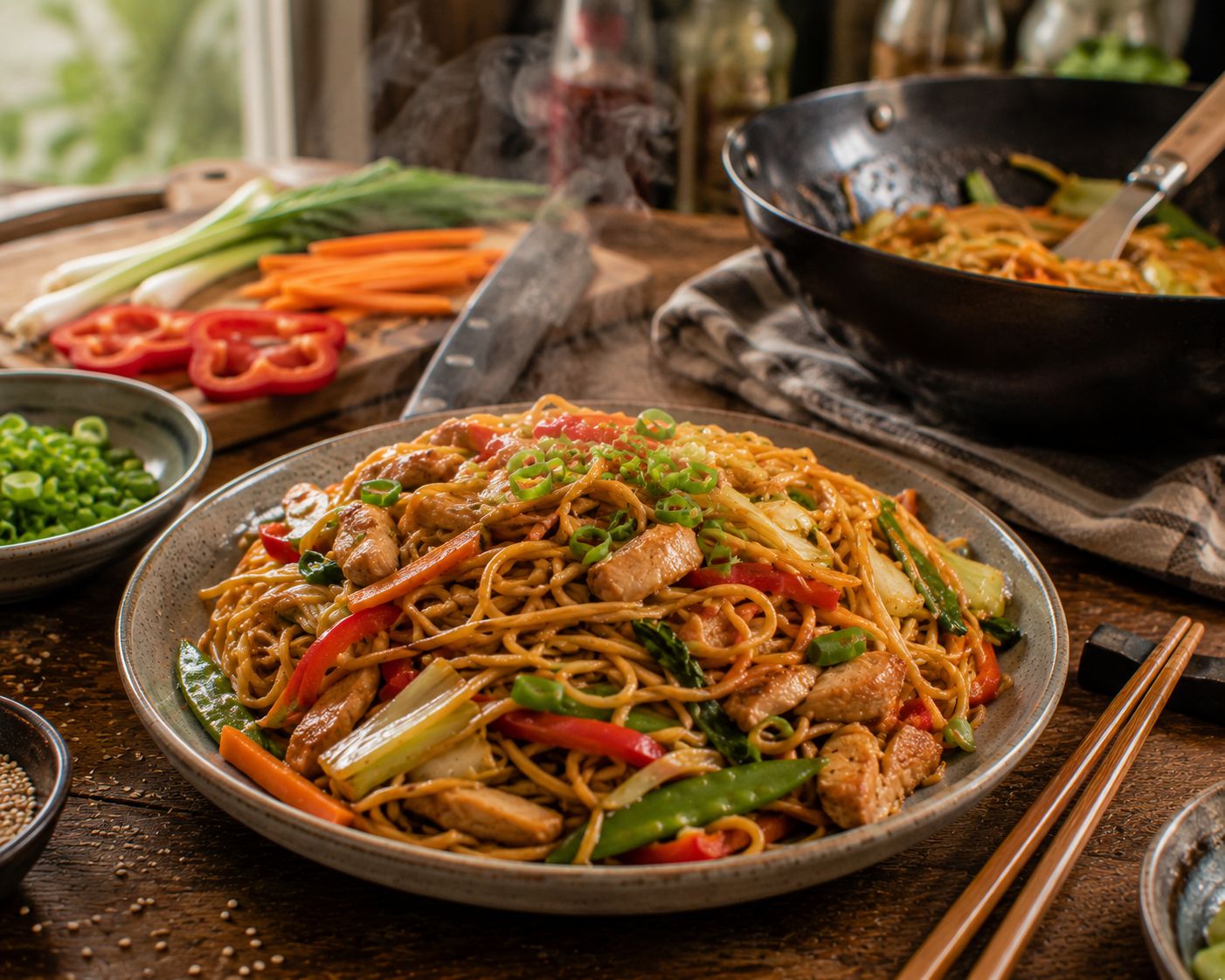 Chow mein – stekta nudlar med kyckling och grönsaker