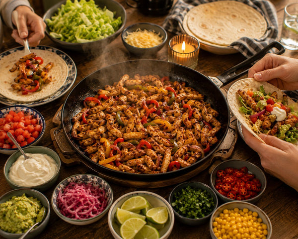 Fajitas med kyckling och paprika serverade i het panna med tortillas