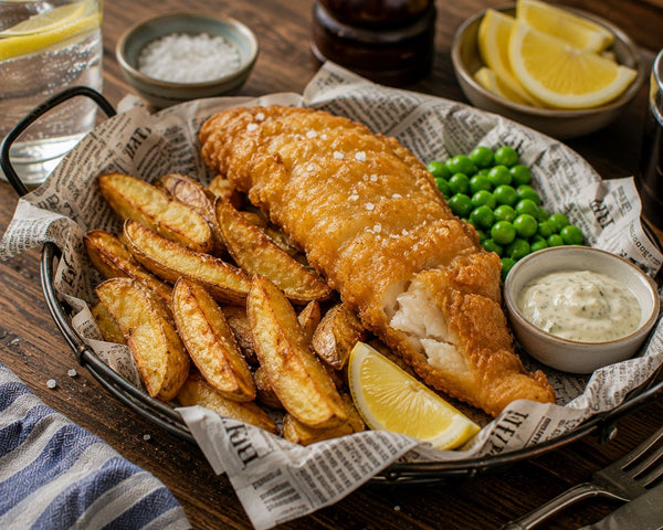Fish and chips med frasig friterad torsk och potatisklyftor