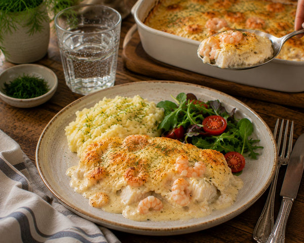 Fiskgratäng med räkor och gyllene gratinerad yta