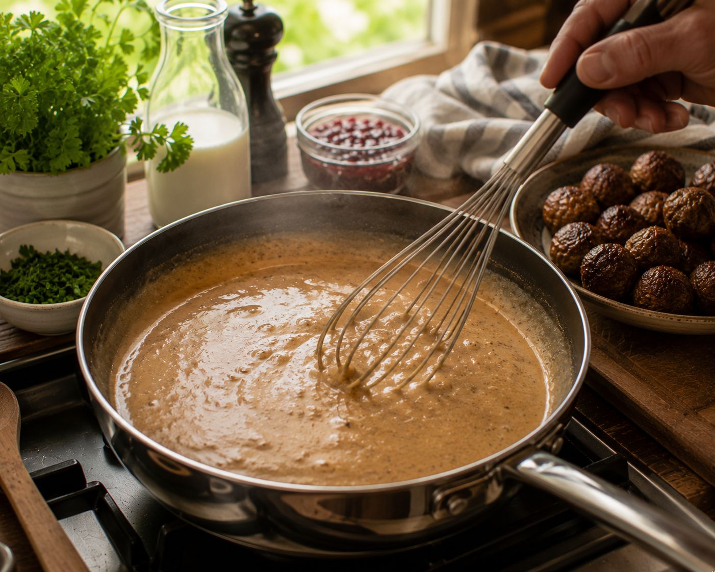 Krämig gräddsås i panna med visp