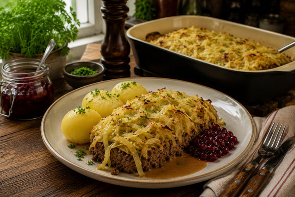 Kålpudding med brynt kål serverad med potatis, sås och lingon