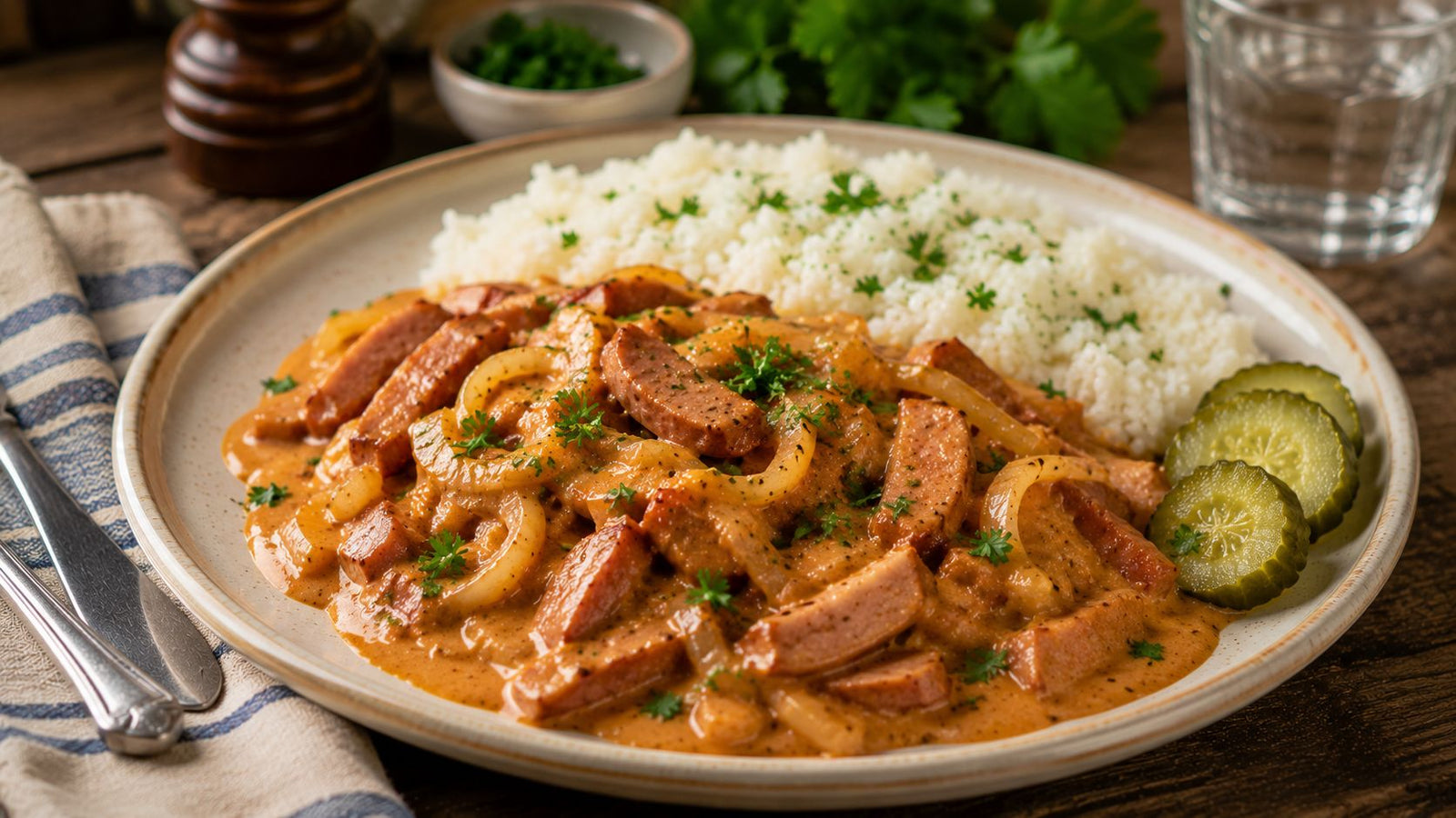Krämig korv stroganoff i panna serverad med ris
