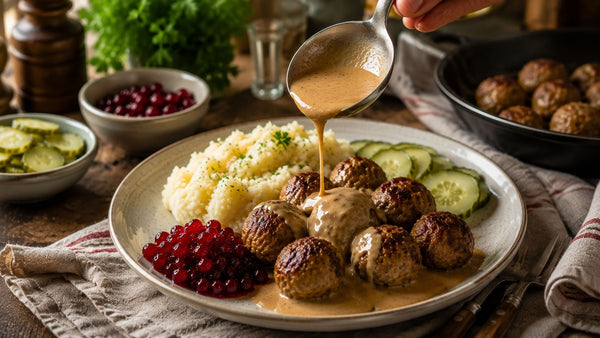 Hemlagade köttbullar med gräddsås, potatismos och lingon på tallrik