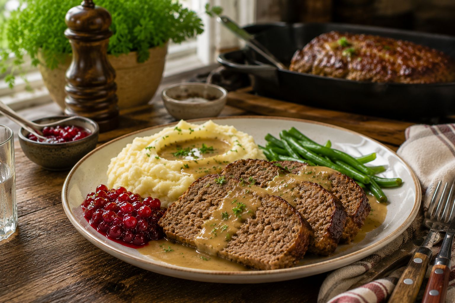 Baconlindad köttfärslimpa i skivor med gräddsås och potatismos