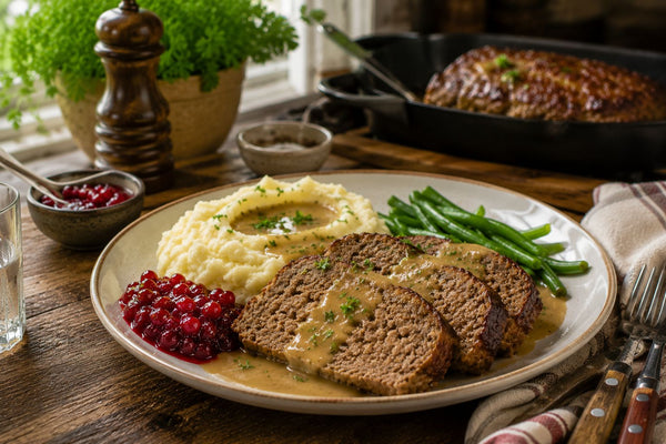 Baconlindad köttfärslimpa i skivor med gräddsås och potatismos