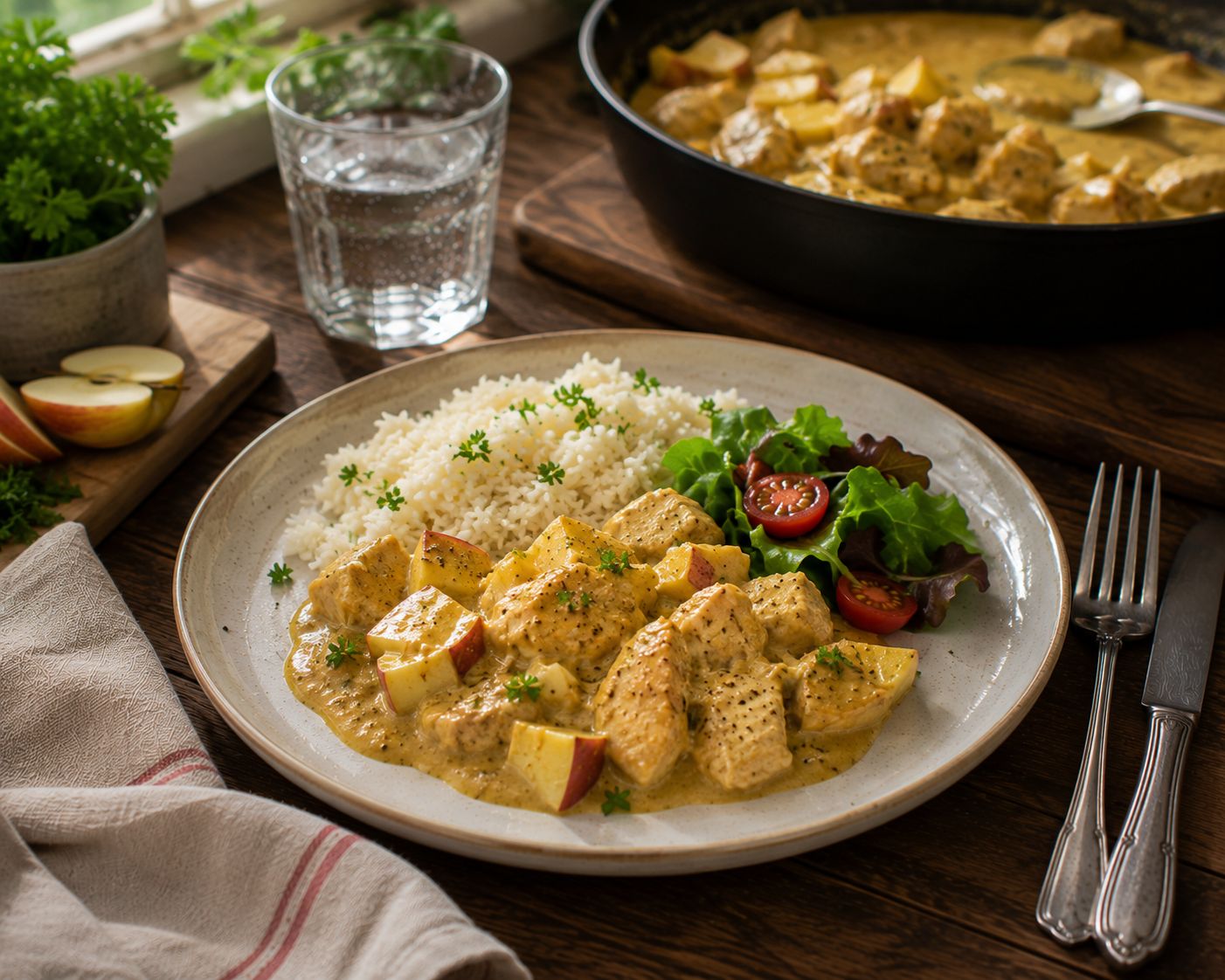 Kyckling i krämig currysås serverad med ris