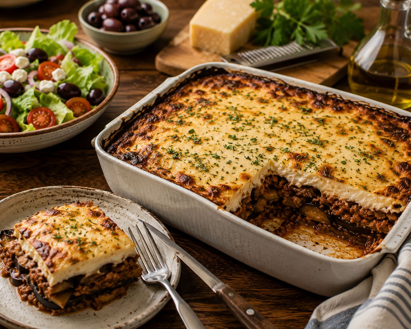 Grekisk moussaka med aubergine, färssås och gratinerat täcke