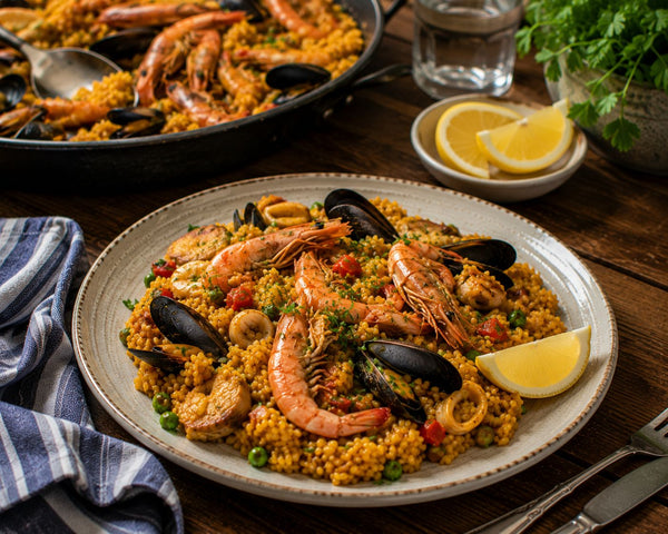 Paella med kyckling, chorizo och räkor i bred panna
