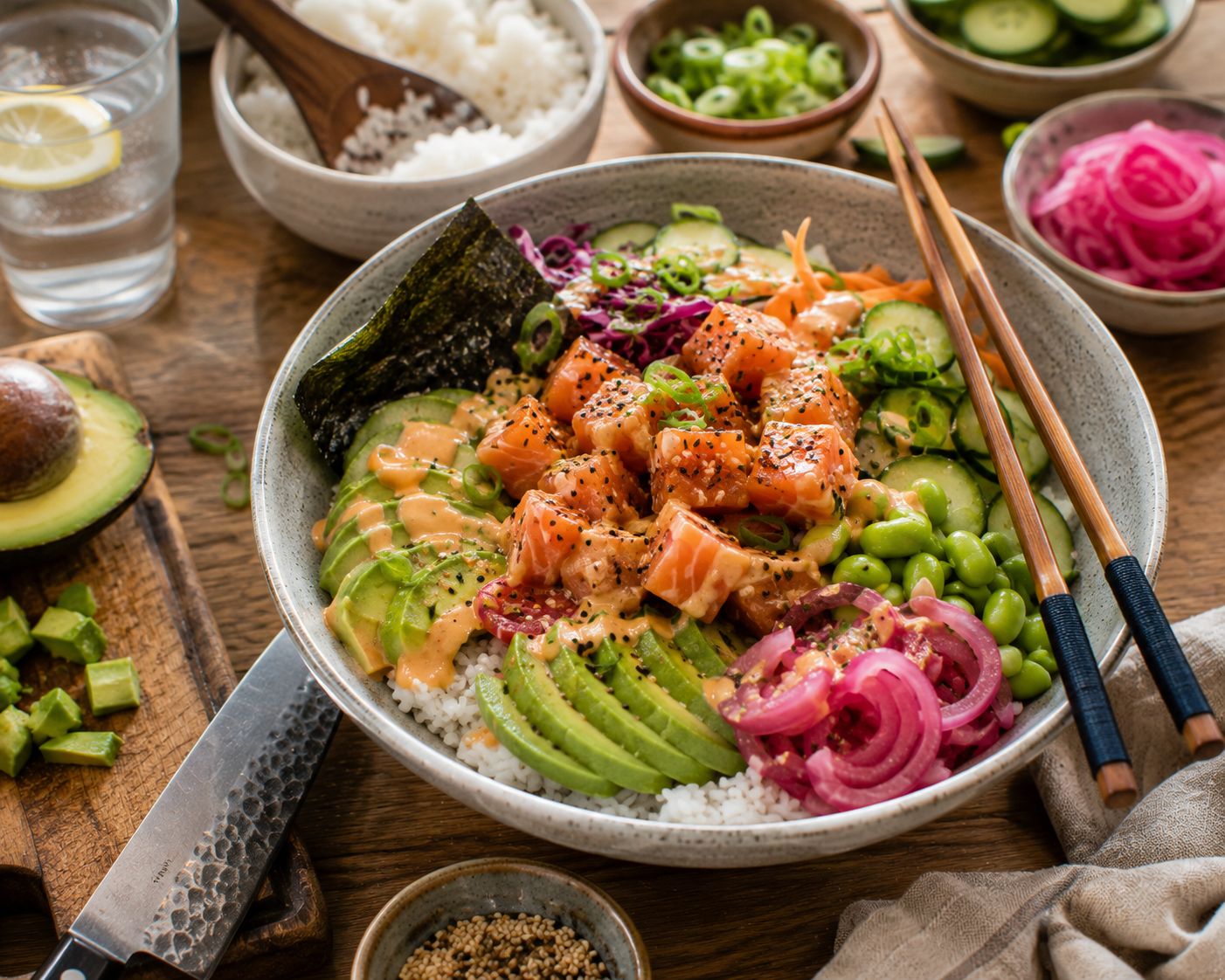 Poké bowl med marinerad lax, avokado och edamame