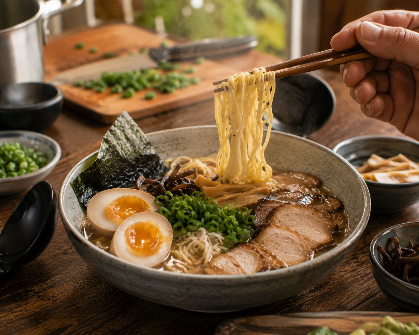 Hemmagjord ramen med nudlar, marinerat ägg och fläsk