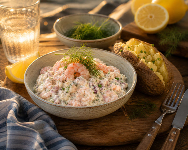 Krämig skagenröra med räkor och dill i skål