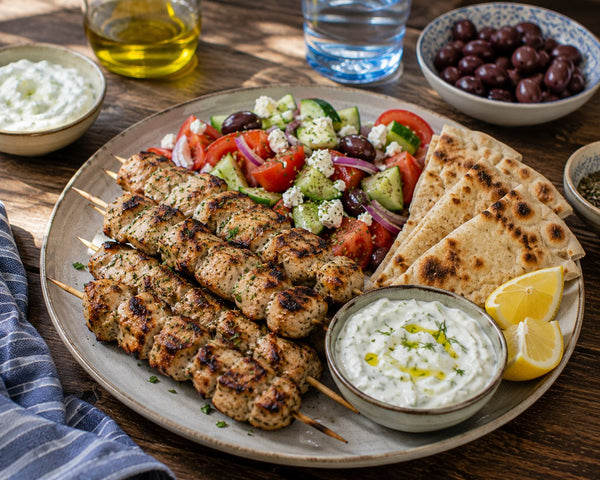 Grekiska souvlakispett med pitabröd och tzatziki