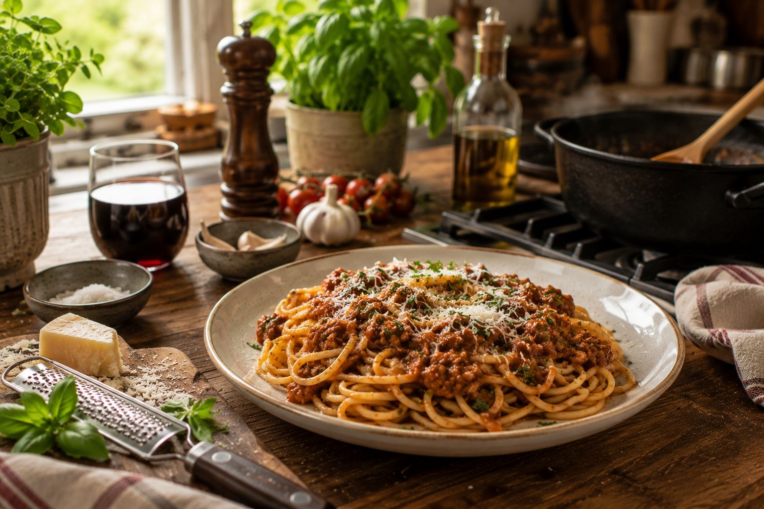 Spaghetti med långputtrad köttfärssås och riven parmesan