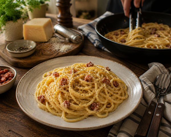 Krämig spaghetti carbonara med fläsk och svartpeppar