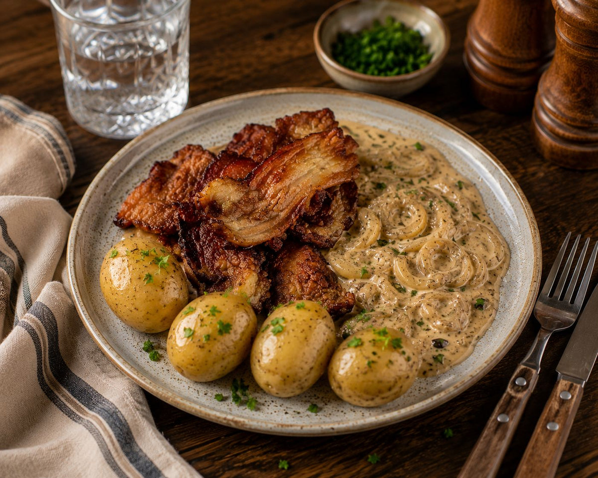 Knaperstekt sidfläsk med krämig löksås, kokt potatis och lingon på tallrik