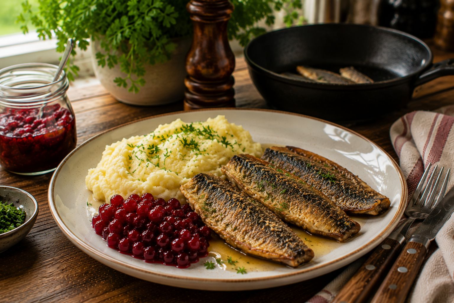 Stekt strömming med potatismos, lingon och brynt smör