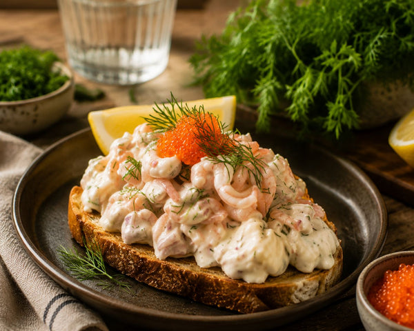 Toast Skagen med räkor, löjrom och dill på smörstekt bröd