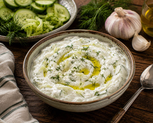Hemgjord tzatziki med olivolja i skål