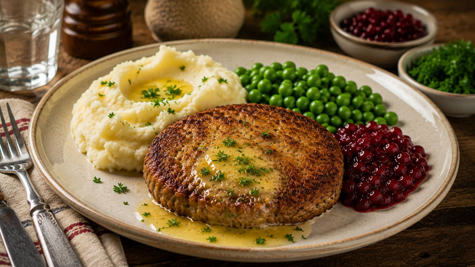 Wallenbergare med potatispuré, ärtor och lingon på tallrik